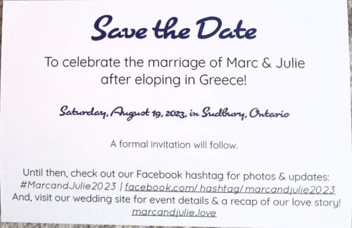 Save the Date card (back) for Marc & Julie