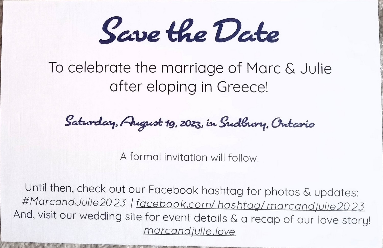 Save the Date card (back) for Marc & Julie