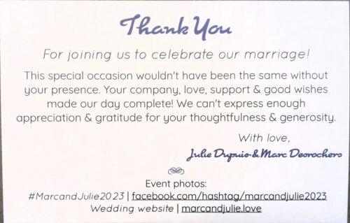 Thank You card (back) for Marc & Julie