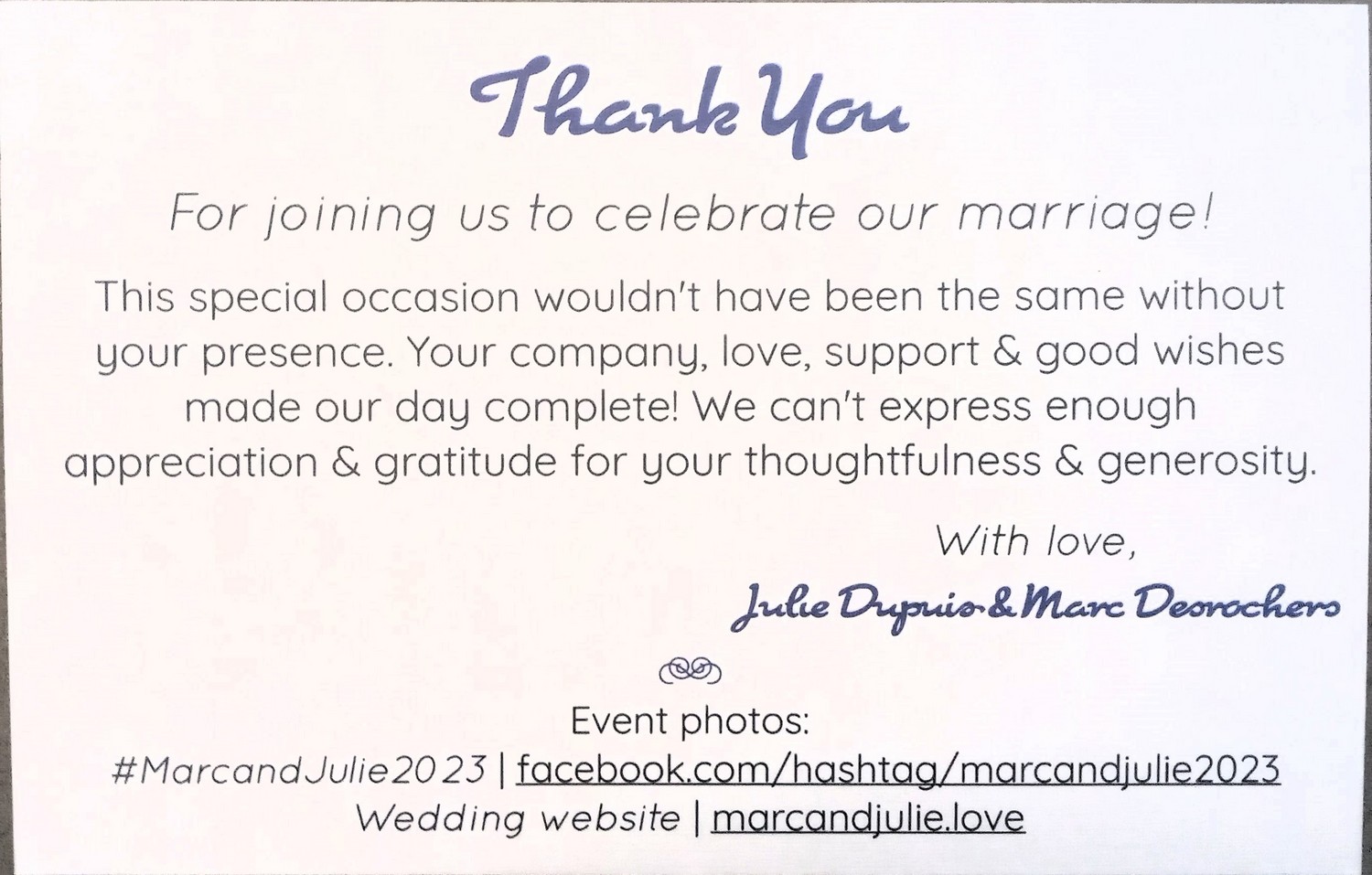 Thank You card (back) for Marc & Julie