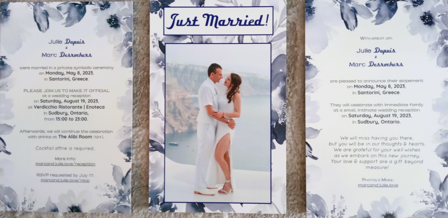 Wedding invitation and wedding announcement for Marc & Julie