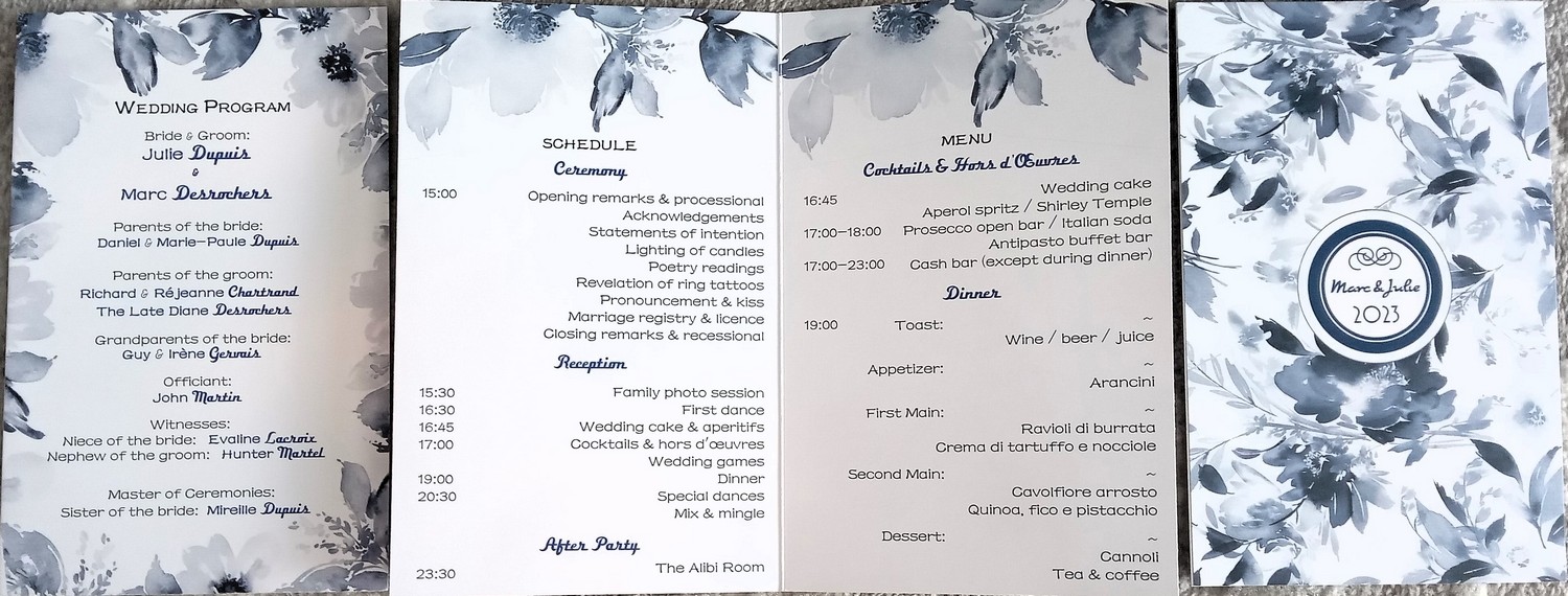 Wedding program for Marc & Julie